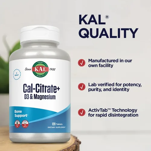 Miniatura 4 de KAL Cal-citrato +, citrato de calcio más vitamina D-3 y 500 mg de magnesio, soporte saludable para huesos y dientes, sin gluten y verificado