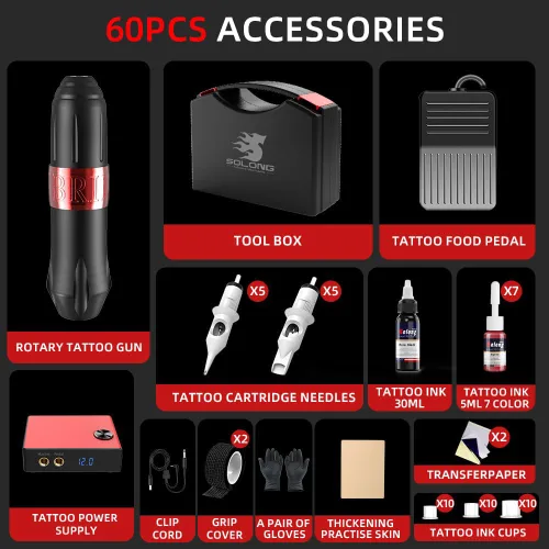 Miniatura 2 de Kit de tatuaje, kit profesional de pistola de tatuaje Solong para principiantes, máquina rotativa de tatuaje con estuche de transporte