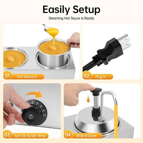 Miniatura 5 de Dispensador de queso de 5.3 cuartos de galón, calentador de salsa de queso doble dispensador con bomba de acero inoxidable 32-230°F 1600W