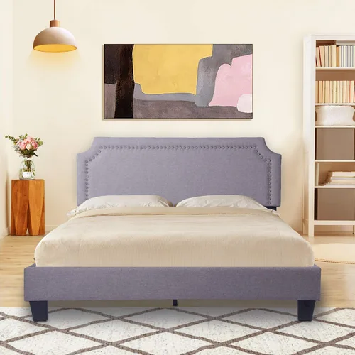 LUCKYERMORE Marco de cama de plataforma tamaño Queen, marco de cama Queen tapizado de 11 pulgadas con cabecero de listones de madera, marco de metal