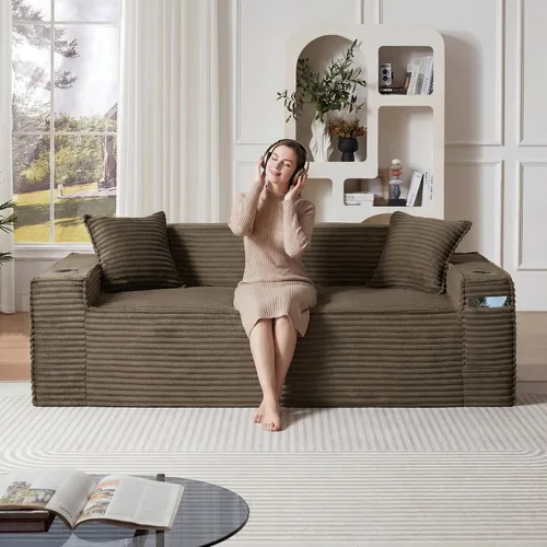Miniatura 26 de Sofá sin hueso de 66.5 pulgadas con portavasos y bolsillos laterales, sofá biplaza tapizado de tela de pana moderna con 2 almohadas para sala