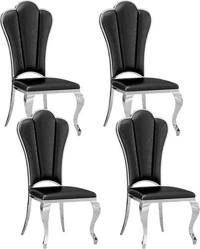 Miniatura 10 de Juego de 2 sillas de comedor de cuero, sillas de cocina tapizadas negras con respaldo alto con patas de acero inoxidable plateadas, modernas sillas