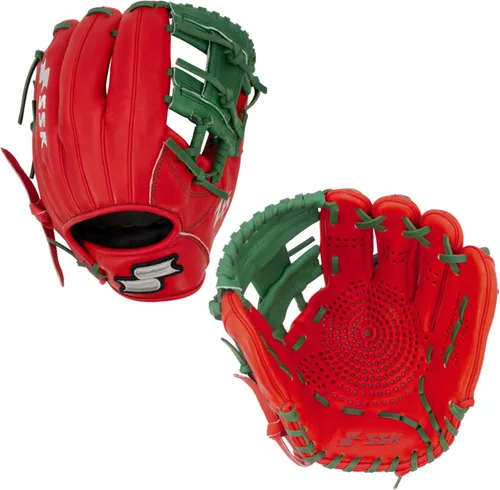 Miniatura 45 de SSK Z5 Craftsman Guante de béisbol para infield – 11.25” - 11.5” - 11.75” - 12” – Lanzamiento con mano derecha y izquierda Rojo/Verde Kelly/Blanco