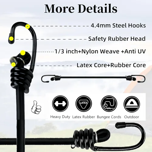Miniatura 3 de Lanlord Cuerdas elásticas de látex negro resistente para exteriores de 30 pulgadas con correas elásticas de gancho, 4 unidades de 30 pulgadas
