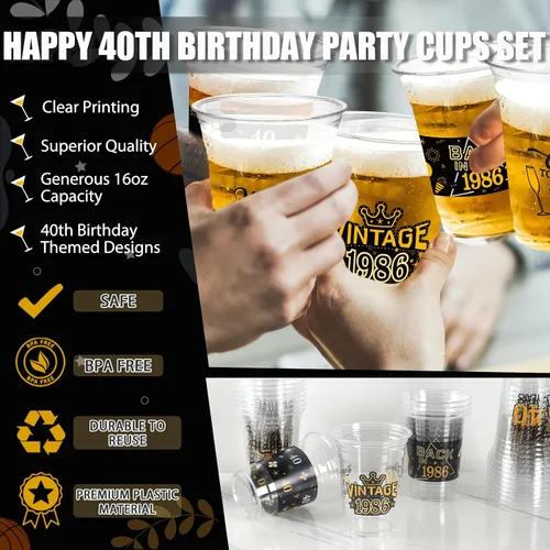 Miniatura 6 de 50 Piezas Vasos de Plástico para Fiesta de Cumpleaños 40 a Granel, 16 Oz Vasos de Beber Desechables de Plástico Transparente Negro Dorado