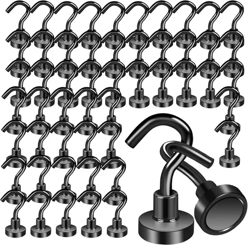 Miniatura 12 de Paquete de 22 ganchos magnéticos negros resistentes, ganchos magnéticos de 25 libras para colgar, imán de neodimio fuerte con ganchos para cabina
