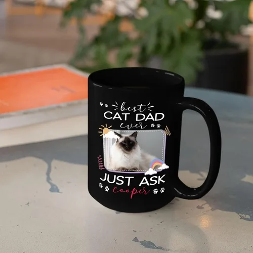 Miniatura 4 de Taza de cerámica negra personalizada para elegir nombre y foto con texto en inglés "Best Cat Dad Ever Just Ask", taza de café personalizada de 11
