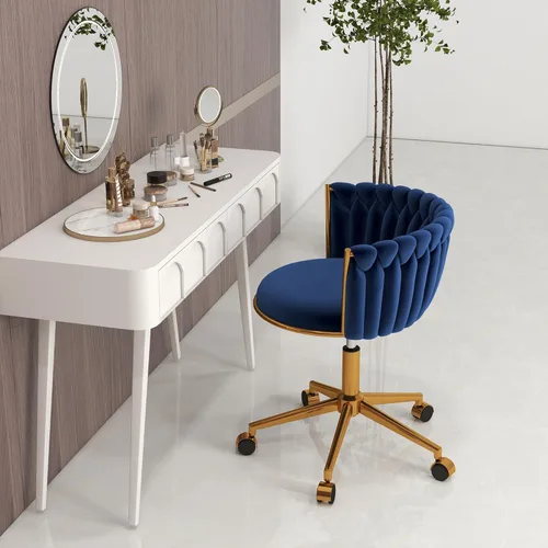 Miniatura 3 de ABET Silla de tocador con ruedas, pequeña silla de escritorio de terciopelo para oficina, taburetes de maquillaje semicirculares tejidos a mano