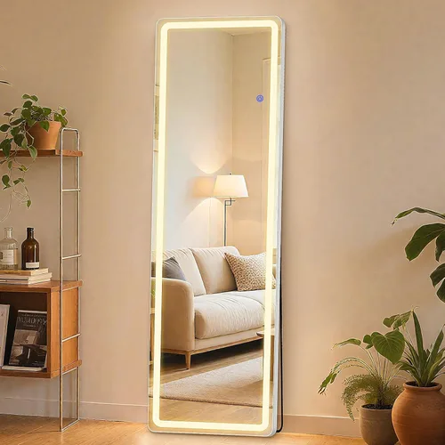 Miniatura 14 de Sweetcrispy Espejo Arqueado de Cuerpo Entero con Luces LED, Espejo de Piso Iluminado de 63"x21" con Atenuación e Iluminación de 3 Colores, Soporte