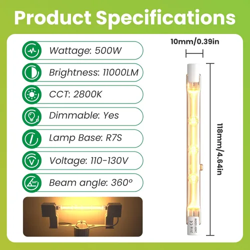 Miniatura 8 de Lustaled Bombillas halógenas de 500 W, R7s, bombilla LED de 4.646 in, 4.7 pulgadas, bombillas halógenas T3, 2800 K, blanco cálido, tipo J, doble