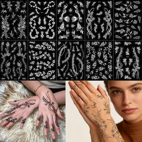 Miniatura 15 de 10 hojas de plantillas de tatuaje de henna 10 pares de plantillas de tatuaje temporal para brazo y mano Tatuajes indios árabes con purpurina Negro