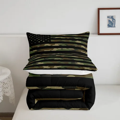Miniatura 5 de Feelyou Juego de edredón de camuflaje del ejército con bandera estadounidense, decoración militar, camuflaje verde selva, bandera de Estados Unidos