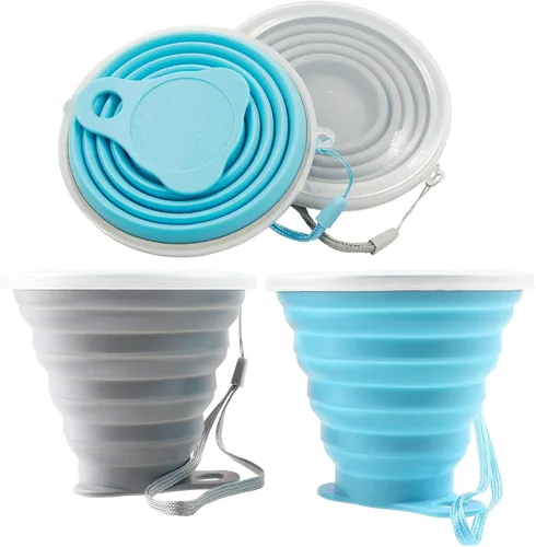 Litoexpe 2 Pack Taza de Viaje Plegable de Silicona, Juego de Tazas de Camping Portátiles con Tapas, Gris y Azul Gris & azul