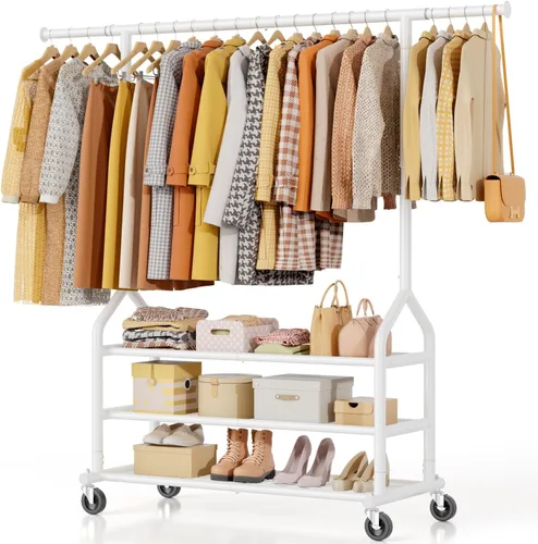 Miniatura 9 de EAGMAK Perchero de ropa resistente con capacidad de carga de 192 kg, perchero enrollable con estantes, colgador de ropa ajustable de metal