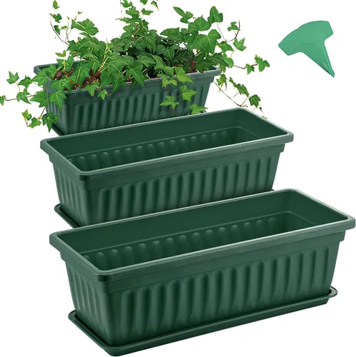 GROWNEER Paquete de 3 jardineras verdes de 17 pulgadas para ventana, macetas largas de plástico para vegetales con 15 etiquetas de plantas para