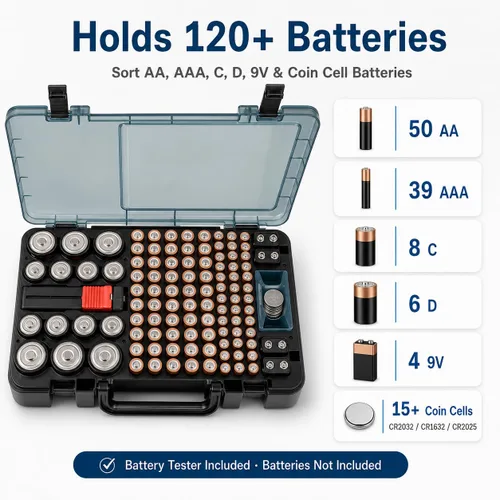 Miniatura 2 de Estuche Organizador y de Almacenamiento de Baterías con Probador. Caja Contenedor Portabaterias para más de 120 pilas AA AAA 9V C D, Litio CR2025
