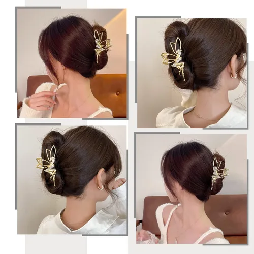 Miniatura 5 de Pinzas de pelo de elfo simples con diamantes de imitación, pinzas de metal dorado grandes para cangrejo, horquillas para el cabello, elegantes