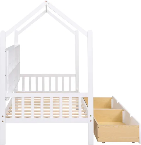 Miniatura 9 de SOFTSEA Cama de casa de tamaño individual para niños, sofá cama de madera con cajones de almacenamiento, marco de cama individual con estantería