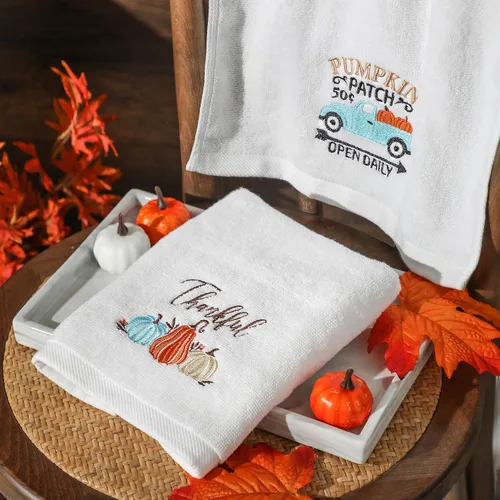 Miniatura 5 de Juego de 2 toallas de cocina de otoño, 100 % algodón, con diseño de calabaza, con bordado, toalla de mano de Acción de Gracias para baño y cocina