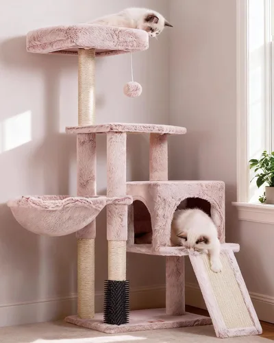 Miniatura 9 de Heybly Árbol de Gato con Cepillo Auto-Limpieza, Torre de Gato para Interior con Nido Acolchado, Casa de Gato con Cesta, Tabla de Rascar y Poste