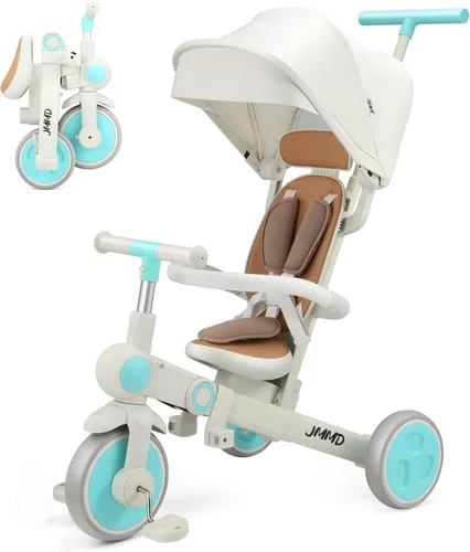 Miniatura 11 de JMMD - Triciclo para bebé 7 en 1 plegable con mango ajustable para padres, arnés de seguridad y frenos de rueda, toldo extraíble, triciclo de paseo