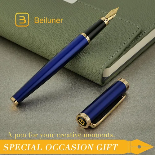 Miniatura 7 de BEILUNER - Pluma estilográfica azul, impresionante bolígrafo con acabado de oro de 24 quilates, hermosa punta de oro de 24 quilates (fina), regalo