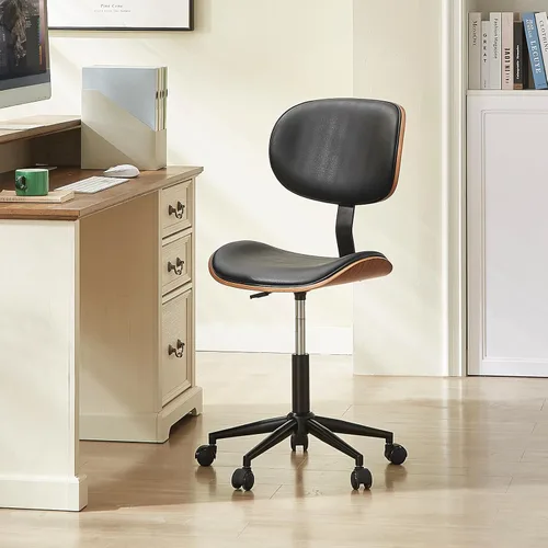 Miniatura 8 de Bestier Silla de oficina pequeña con soporte de respaldo de madera curvada, silla de escritorio sin brazos con giro de 360°, silla de computadora