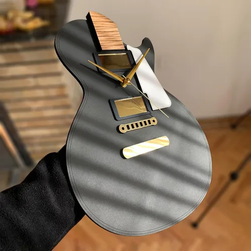 Miniatura 5 de goodtime Reloj de guitarra, negro y dorado, moderno, reloj silencioso, 11 x 15 pulgadas, acrílico, roble, tema musical, mecanismo de cuarzo, regalo