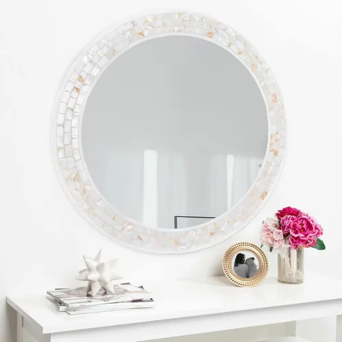 Miniatura 5 de Espejos de mosaico para pared de 24 pulgadas, con incrustaciones de nácar natural, espejo redondo con marco blanco para baño, dormitorio o entrada