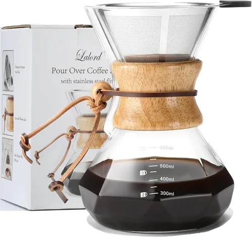 Miniatura 7 de Lalord Cafetera vertida con filtro de acero inoxidable reutilizable, jarra de café de vidrio borosilicato de 27 onzas, collar de madera, jarra