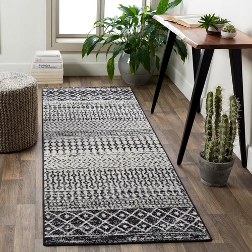 Livabliss Alfombras de Área - Alfombra Chester Boho Marroquí Negra de 2x16 para Sala de Estar y Dormitorio - Alfombra Geométrica Blanca y Gris