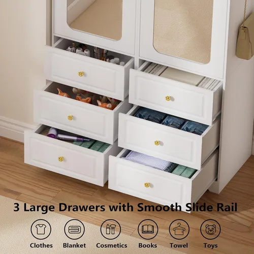 Miniatura 6 de Armario de Clóset, Armarios de Dormitorio Blancos con Puerta de Espejo y 6 Cajones, Armario de Almacenamiento de Ropa de 15.7" de Ancho/69.5