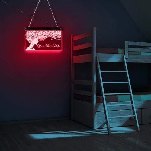 Miniatura 4 de The Geeky Days Señora de pelo largo salón de belleza peluquería LED personalizado multicolor cambiante luz pared signo Rmote control iluminado