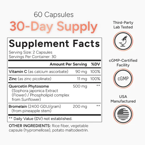 Miniatura 5 de Quercetina de alta absorción con bromelina, vitamina C y zinc – 500 mg de fitosoma de quercetina – 50 veces más absorción – Apoya la función inmune