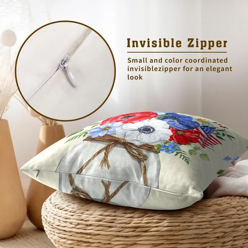 Miniatura 3 de Juego de 2 fundas de cojín decorativas con bandera americana y flores de amapola roja y azul, 16 x 16 pulgadas, fundas cuadradas para sofá, sillón