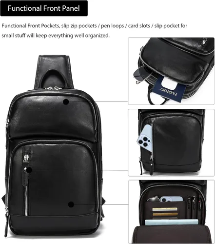 Miniatura 3 de LANNSYNE Bolso bandolera de cuero de grano completo para hombre, mochila cruzada en el pecho para iPad de 12.9 pulgadas