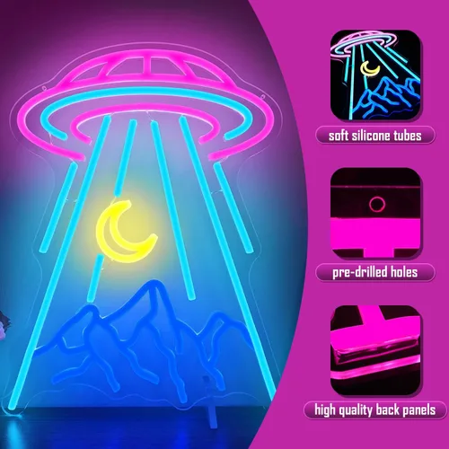 Miniatura 3 de Letrero de neón OVNI para decoración de pared, diseño de nave espacial de extraterrestre, montaña, letrero de neón regulable con luna LED, letrero