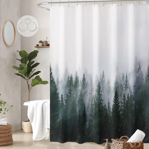 Miniatura 18 de ORTIGIA 36x72 Cortina de ducha de bosque nebuloso para baño pequeño, cortina de ducha estrecha de naturaleza y bosque en blanco y negro con ganchos
