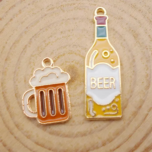 Miniatura 2 de 20 piezas surtidas de esmalte para botella de cerveza, dije de taza de botella de cerveza en tono dorado, aleación de alcohol, llavero colgante