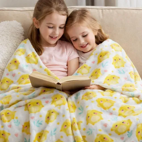 Miniatura 2 de Manta de forro polar suave para primavera de niñas y niños: bebés, pollitos, pájaros, flores en suave y acogedor amarillo, verde, rosa sobre fondo