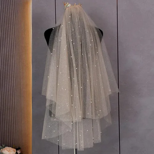 Miniatura 2 de Velo de novia de boda de 2 niveles de tul suave con perlas longitud de los dedos con peine