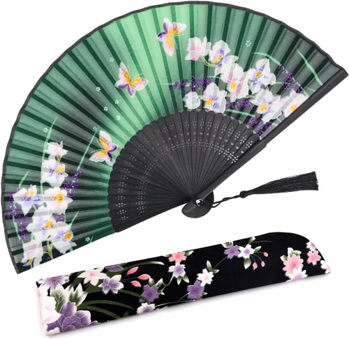 Miniatura 10 de Ventilador de mano plegable para mujer, estilo chino japonés vintage, de seda de bambú, 15 x 8.3 pulgadas, con borla y bolsa para fiesta, boda