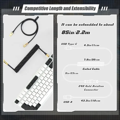 Miniatura 7 de ZIYOU LANG C03 Cable USB C a A en espiral personalizado con cable espiral de nailon trenzado de doble manga desmontable, línea de resorte Negro
