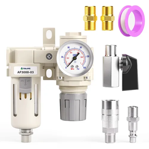 Miniatura 20 de TAILONZ PNEUMATIC Regulador de presión de filtro de aire de drenaje automático NPT de 1/4 de pulgada Combo Piggyback, filtro compresor