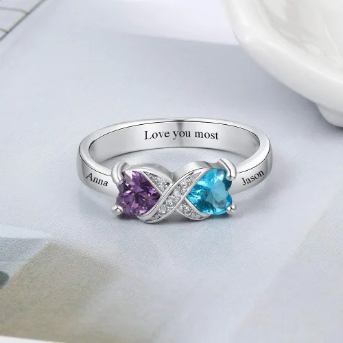 Miniatura 5 de Anillo personalizado para madres infinitas con 2 piedras natales de imitación de corazón, anillos de compromiso para mujer