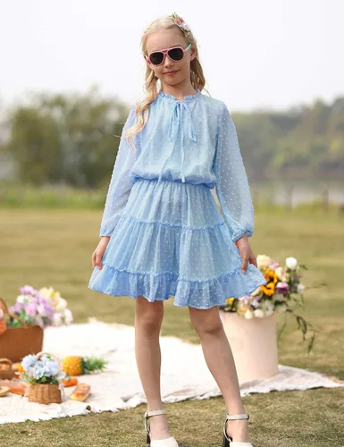 Miniatura 4 de DONWEN Vestido de punto suizo para niña, manga larga, vestido de gasa fluido, vestido de primavera y verano, con lazo frontal, vestidos casuales