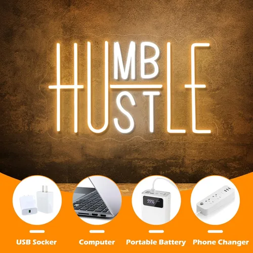 Miniatura 7 de Hustle - Letrero LED de neón para decoración de pared, decoración de fiesta humilde, interruptor alimentado por USB, luces LED de neón de brillo