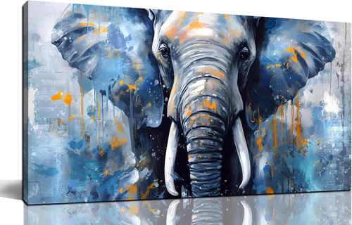 ENTANUB Arte de pared de elefante para sala de estar, lienzo de animales para decoración de pared para dormitorio, diseño de imagen azul, tamaño 20