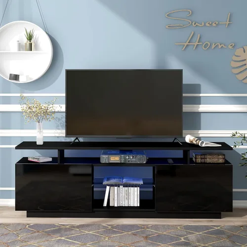 Miniatura 24 de Soporte de TV versátil de alto brillo con luces LED que cambian de color y 2 estantes de vidrio templado, centro de entretenimiento para televisores