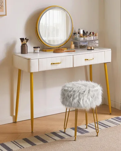 Miniatura 5 de IBUYKE Taburete de Vanidad Redondo de Piel Sintética con Almacenamiento, Silla Otomana de Maquillaje Peluda, Asiento Acolchado Suave, Reposapiés